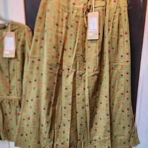 Gudrun Sjoden Olive Midi Skirt with Orange and Purple Dot Flowers